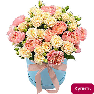 Кустовые розы в шляпной коробке